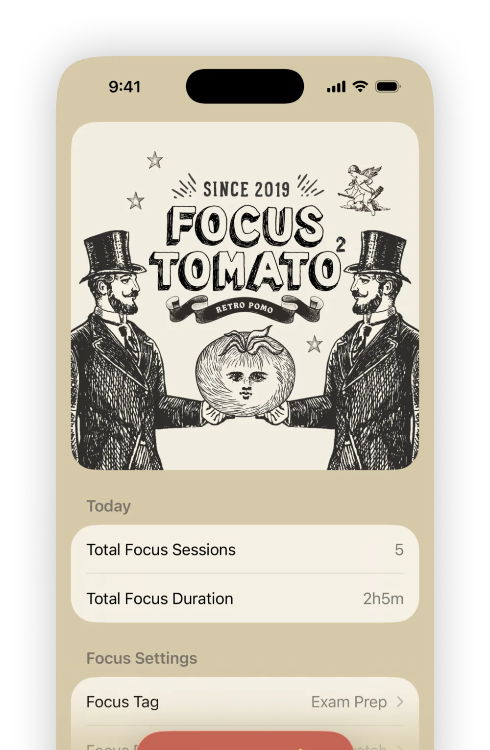 Focus Tomato 2 home screen: retro engraving-style Pomodoro timer