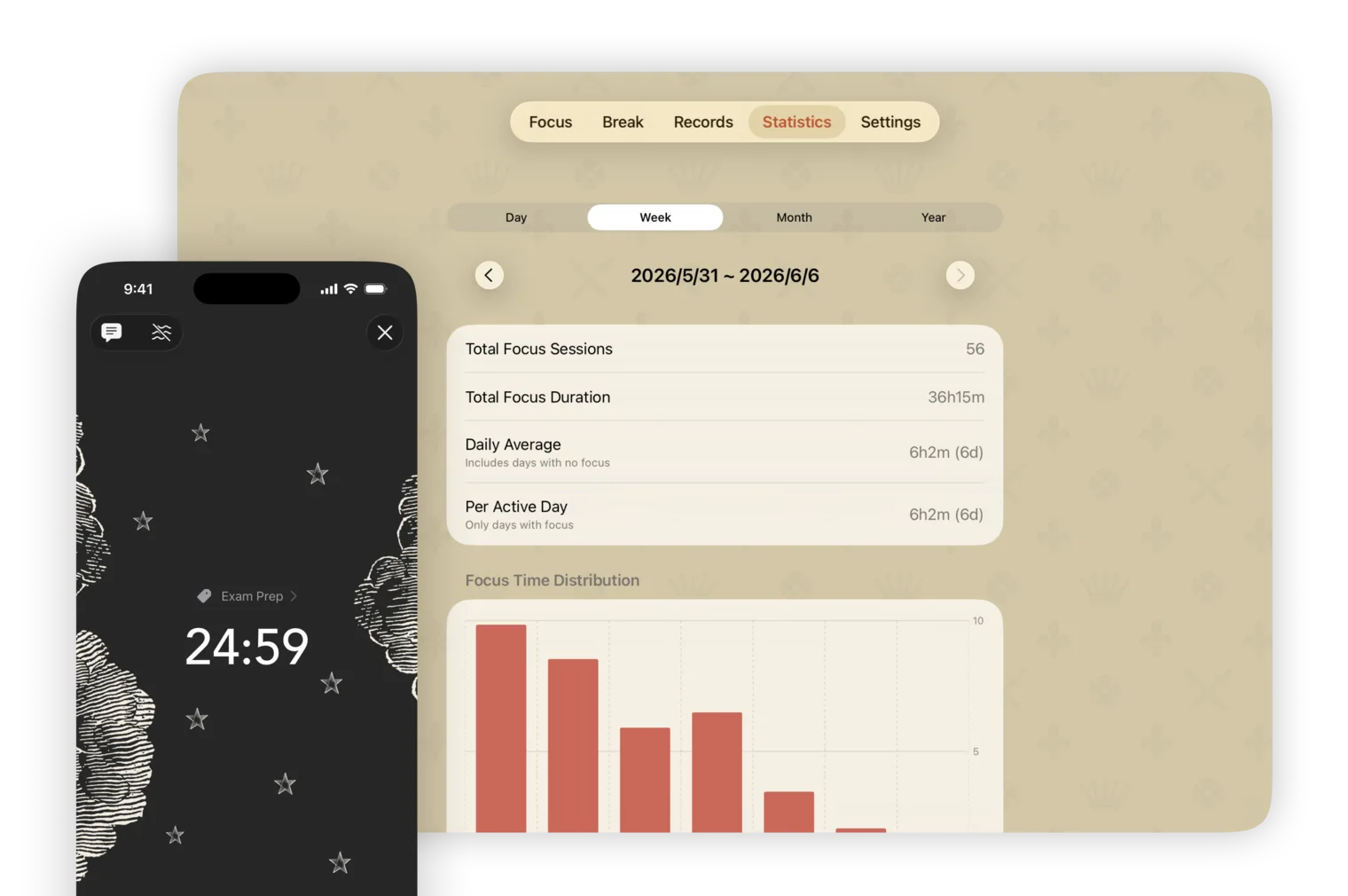 Focus on iPhone, review on iPad — synced automatically via iCloud