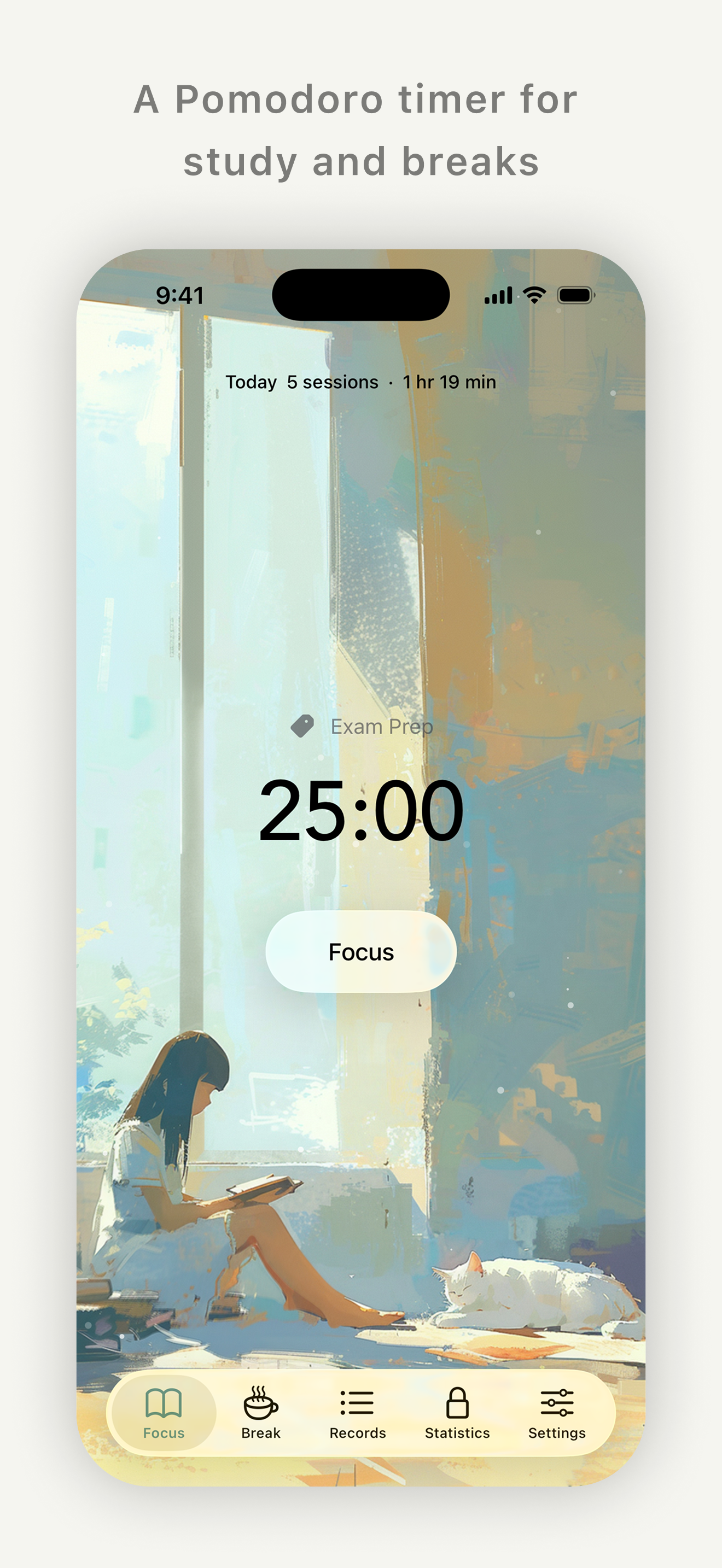 Tomato Daily focus screen with reading artwork, a 25-minute timer and a tag.