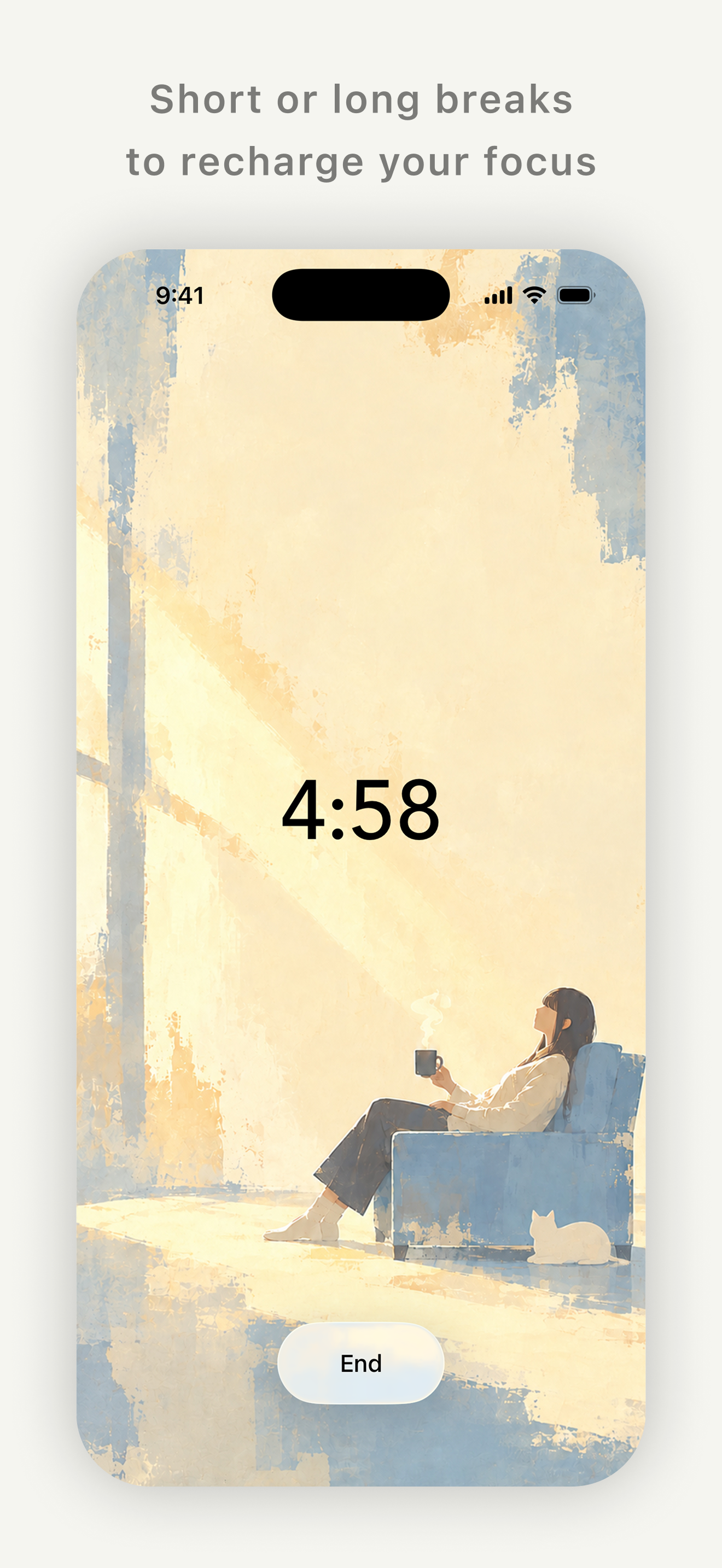 Tomato Daily break screen with a sunlit sofa and a countdown.
