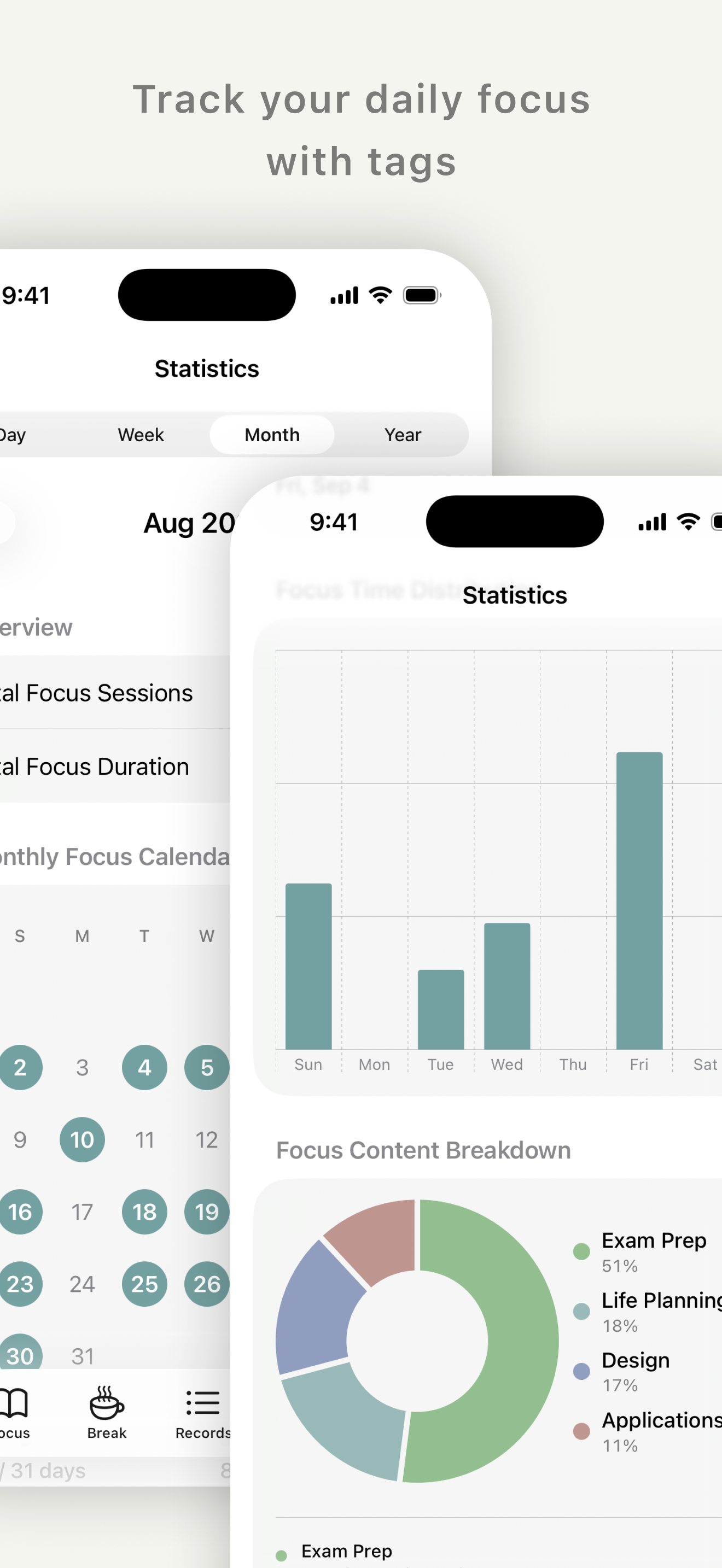 Tomato Daily statistics with a focus calendar, bar chart and tag breakdown.