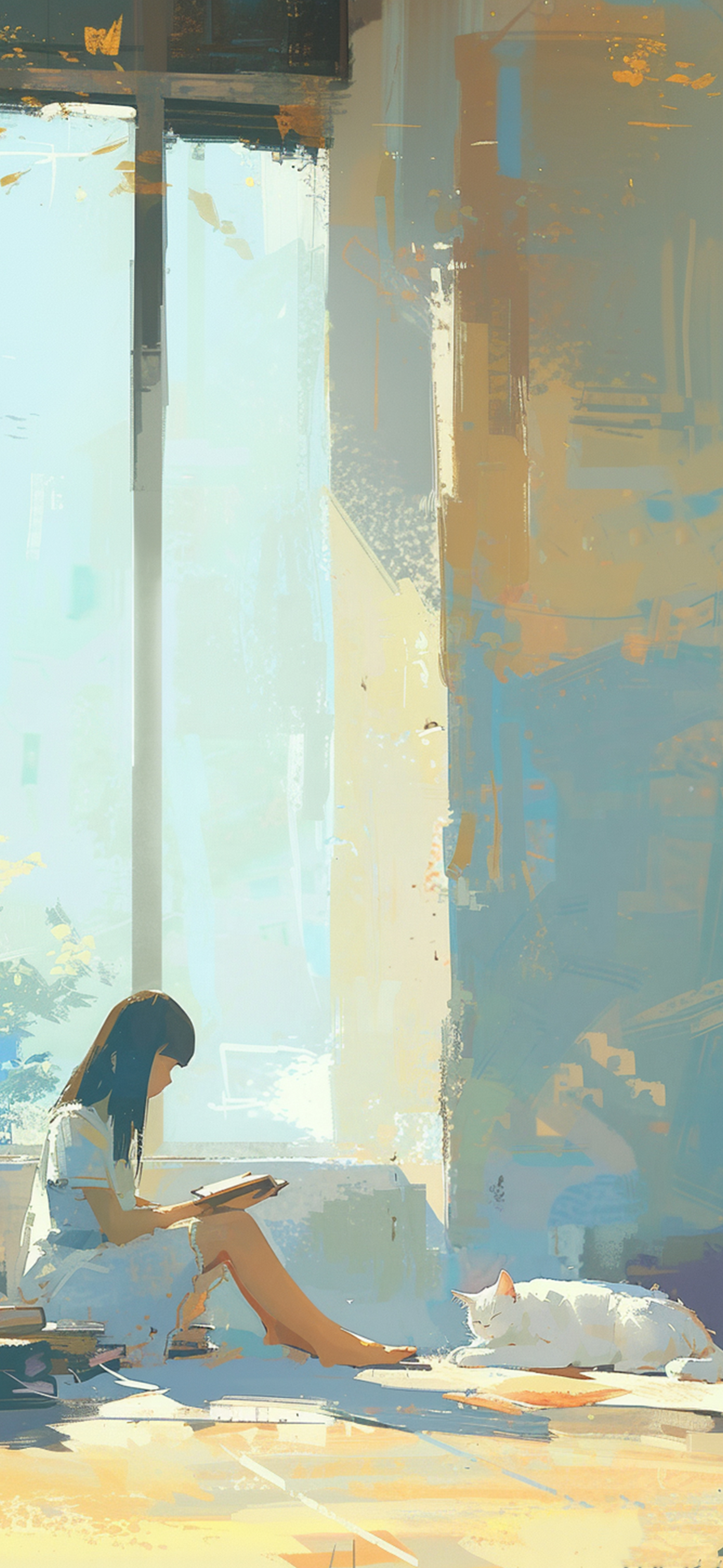 Sunlight fills a window as a girl reads quietly beside a resting cat.